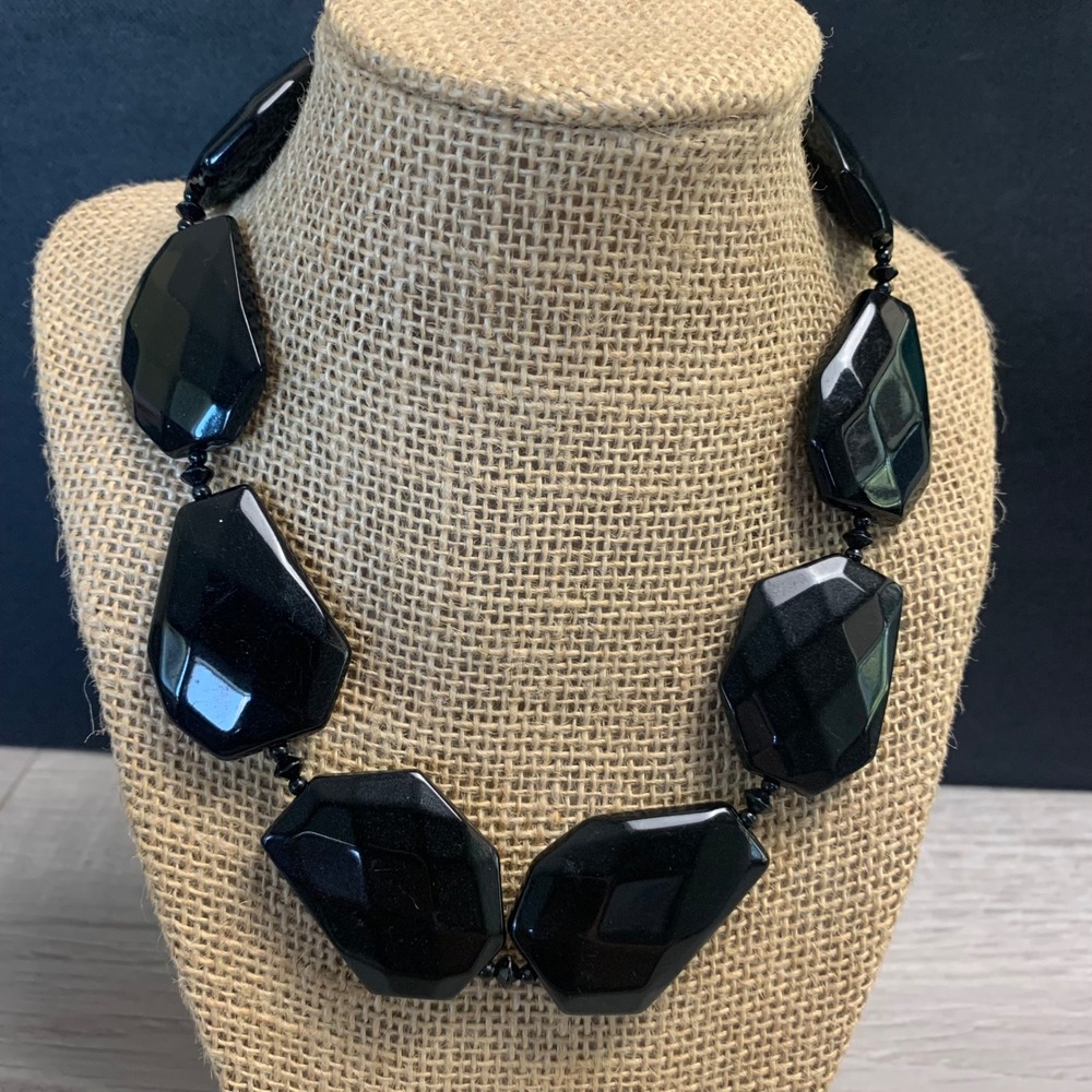Black Chunky Faceted Geometric Bead Statement Necklace 16 Inch Adjustable